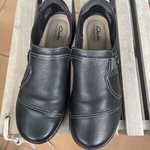 Clarks Collection Cheyn Madi Leather Slip On Shoes Black Pebbled Casual Size 9